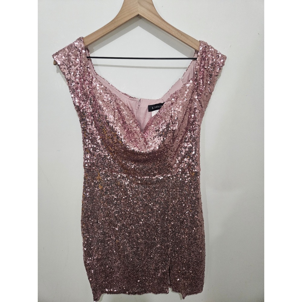 B. Darlin Rose Gold Pink Sequin Cowl Neck Off Shoulder Mini Dress 451R802 13/14